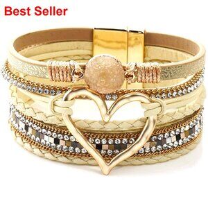 Leather Wrap Bracelet with Heart Design, Multilayer Cuff